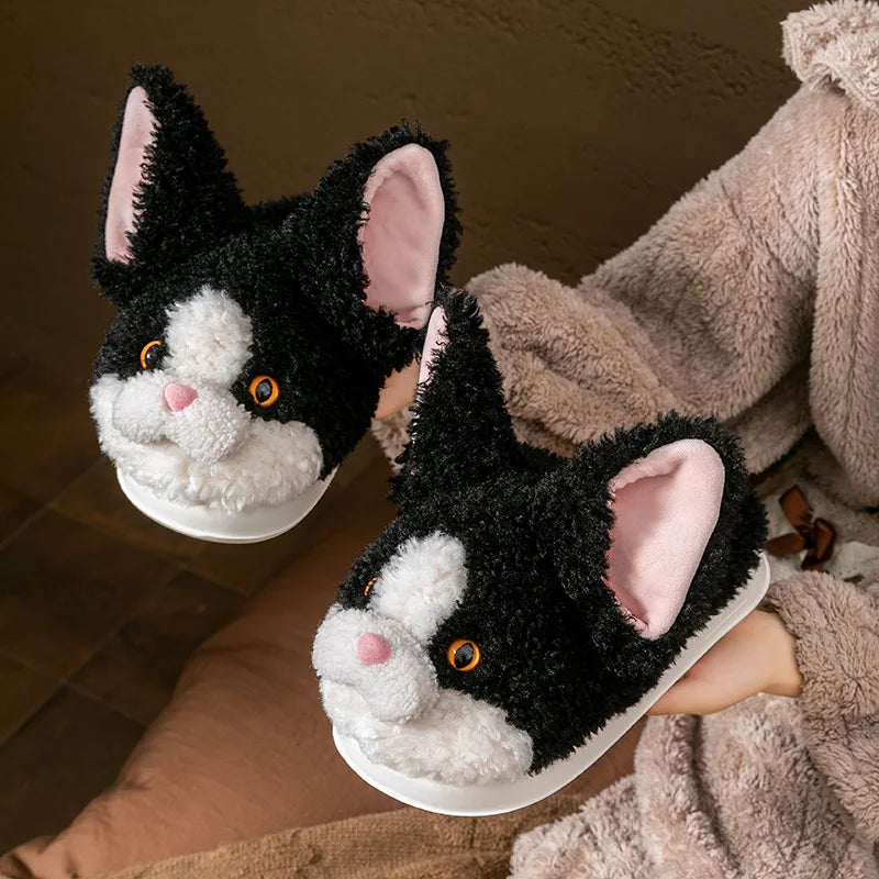 Furry Catoon Cat Cotton Slippers For Women Men Winter House Shoes Warm Plush Anti-slip Couples Home Floor Cotton Slipper