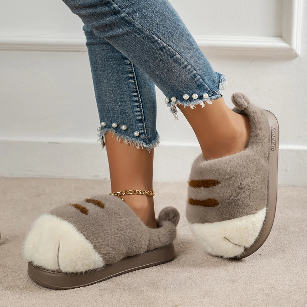 3D Cat Paw Plush Slippers Warm Slip-on House Shoes Comfortable Furry Paw Couple Slippers Cute Paw Slippers for Autumn Winter