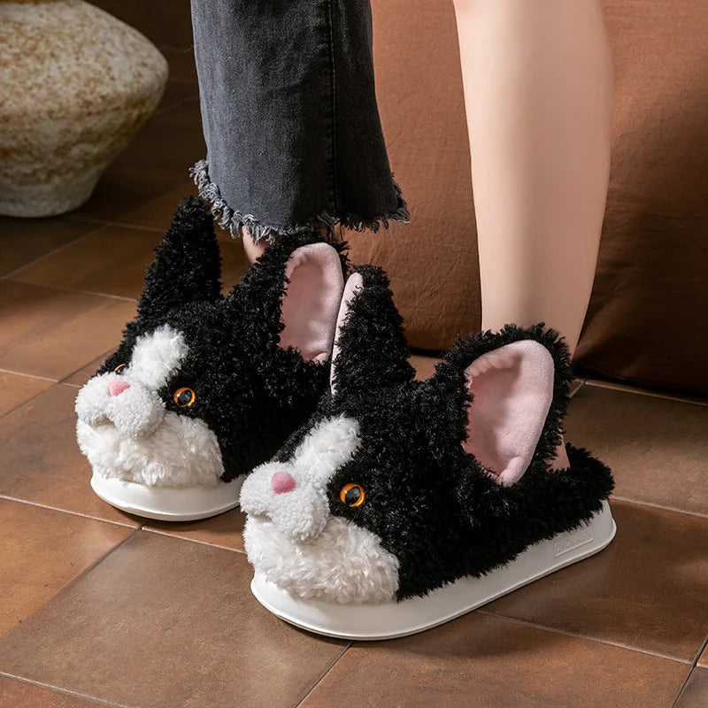 Furry Catoon Cat Cotton Slippers For Women Men Winter House Shoes Warm Plush Anti-slip Couples Home Floor Cotton Slipper