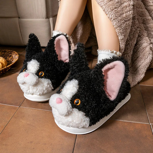 Furry Catoon Cat Cotton Slippers For Women Men Winter House Shoes Warm Plush Anti-slip Couples Home Floor Cotton Slipper