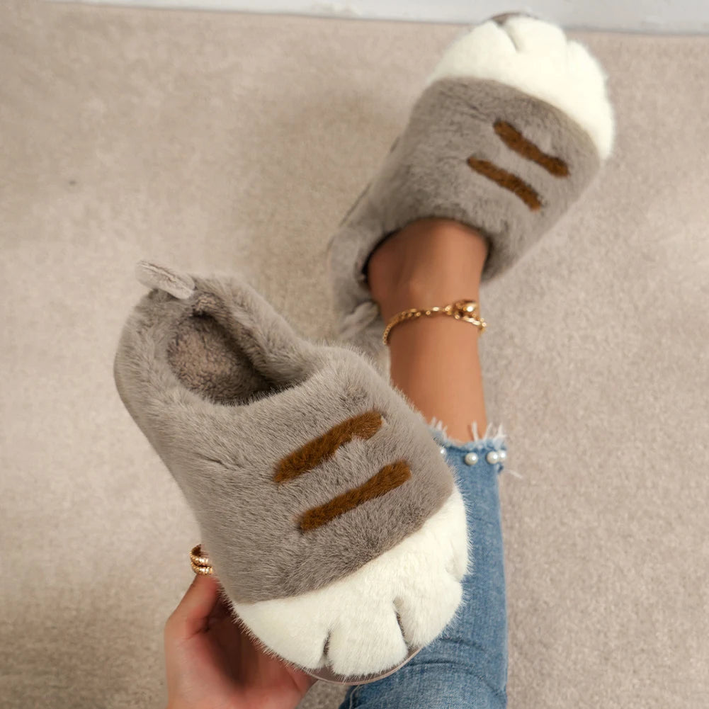 3D Cat Paw Plush Slippers Warm Slip-on House Shoes Comfortable Furry Paw Couple Slippers Cute Paw Slippers for Autumn Winter