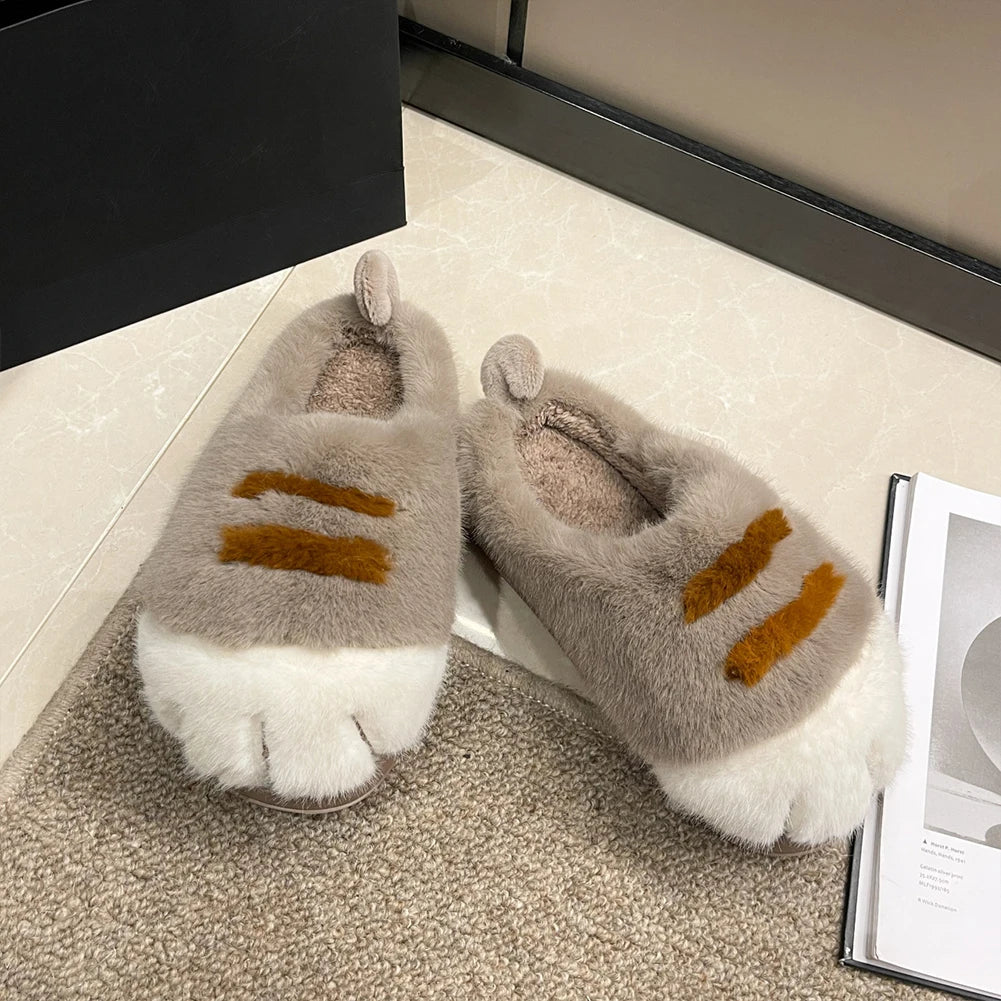 3D Cat Paw Plush Slippers Warm Slip-on House Shoes Comfortable Furry Paw Couple Slippers Cute Paw Slippers for Autumn Winter